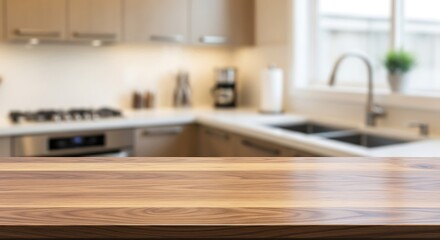 Warm Wooden Kitchen Counter in a Modern Home Kitchen with Soft Backlit Lighting and Bright Backdrop
