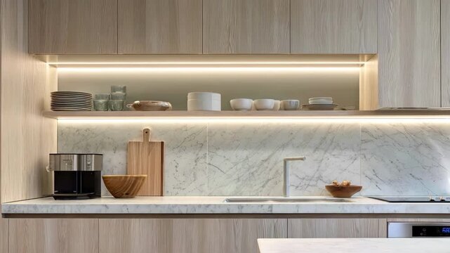 Medium shot of sleek kitchen millwork showcasing undercabinet LED lighting highlighting modern design and enhanced workspace illumination.