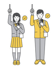 つり革につかまる制服姿の女子学生と男子学生のイラスト素材