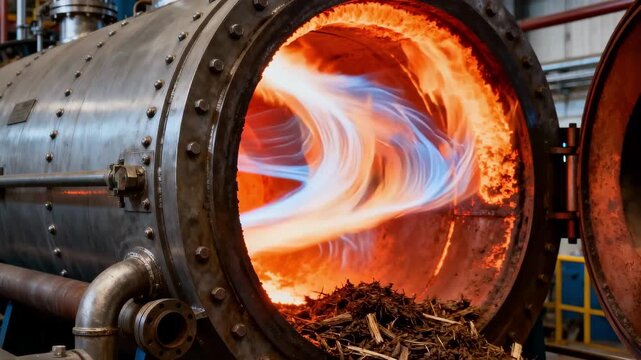 Medium shot of industrial gasification reactor showcasing biomass conversion into syngas with glowing thermal zones and visible gas flow patterns.