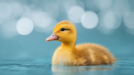Adorable fluffy yellow duckling swimming gracefully in tranquil blue water with soft bokeh background creating a serene and calming atmosphere