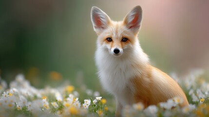Obraz premium Adorable young fox with large ears sitting among colorful wildflowers in a serene natural setting, captivating wildlife photography for nature lovers