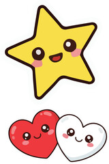 Fototapeta premium Kawaii smiling star with cute red and white hearts set