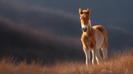 Majestic young horse standing gracefully in golden grass under soft evening light with mountains in the background, enchanting nature scene captured beautifully