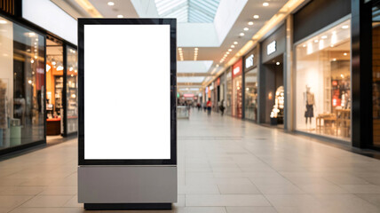 A blank vertical digital billboard standing in the middle of a shopping mall corridor as a clean mockup display