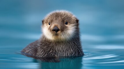 Fototapeta premium Cute baby otter swimming in clear blue water, showcasing its playful nature and fluffy fur in a serene aquatic environment