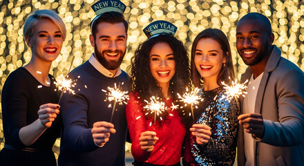 Group of multicultural friends celebrating New Year’s Eve, holding sparklers and smiling, golden bokeh background — festive lifestyle concept.