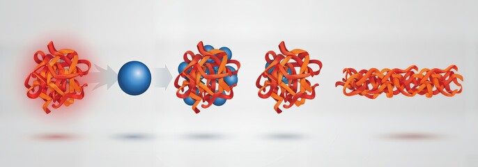 Molecular progression of proteinopathy. Illustrates misfolded protein aggregation (red/orange) and the formation of toxic amyloid fibrils or plaques (right).
