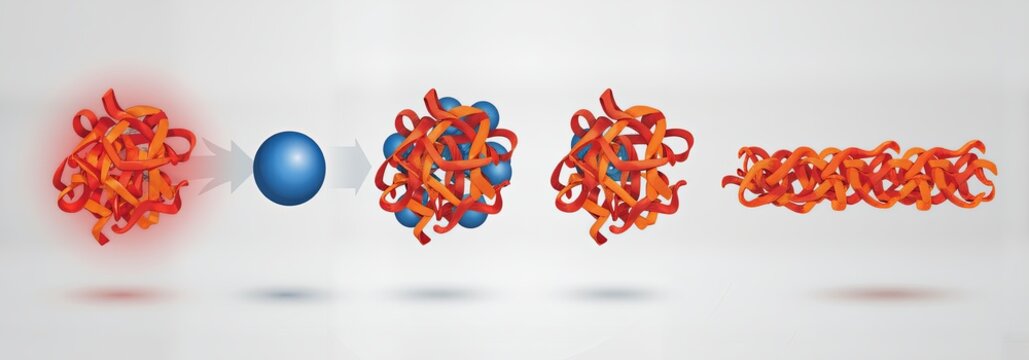 Molecular progression of proteinopathy. Illustrates misfolded protein aggregation (red/orange) and the formation of toxic amyloid fibrils or plaques (right).