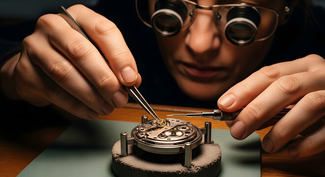 Artisan's Precision: A skilled artisan meticulously works on a delicate watch mechanism with focused attention, showcasing the dedication to precision and craftsmanship