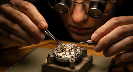 Precision in Time: A skilled artisan, fixates with focused attention, delicately repairing a complex watch mechanism, showcasing the artistry of horology.