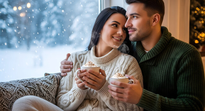 Happy couple wearing cozy sweaters drinking hot chocolate by a window with falling snow outside — romantic winter moment.