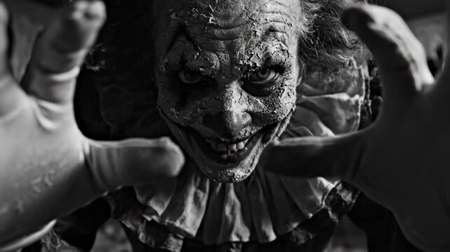 Terrifying clown horror character with a cracked face reaching out with a menacing expression