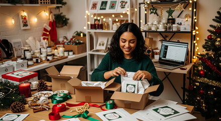 Small business owner packaging holiday orders in a home studio with Christmas décor — concept of entrepreneurship during holidays.