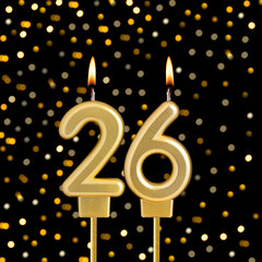 Number 26 on a black background with blurred lights - Birthday card with abstract blurred lights that glow