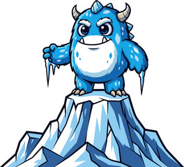 tiny blue yeti heroically triumphs atop its icy mountain throne