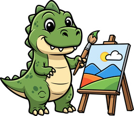 cheerful dino artist crafting vibrant landscapes, inspiring creativity everywhere