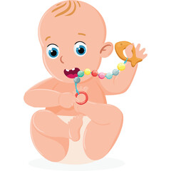 Adorable baby with blue eyes and blond hair wearing a diaper holds a colorful beaded toy in its mouth and hand with a star-shaped rattle on the transparent background