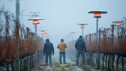 Side view medium shot of vineyard staff monitoring temperature and activating heaters strategically to maintain optimal warmth and protect vines from frost conditions.