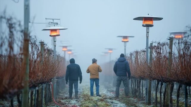 Side view medium shot of vineyard staff monitoring temperature and activating heaters strategically to maintain optimal warmth and protect vines from frost conditions.