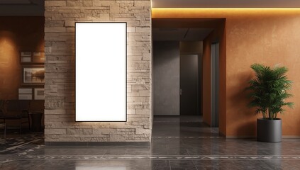 A blank white billboard mounted on a sleek wall within a contemporary interior setting, featuring minimalist design elements and ambient lighting, ideal for advertising or artistic display