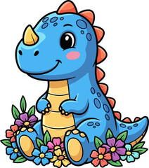 sweet young dinosaur finds delightful sanctuary, grinning amongst vibrant garden petals