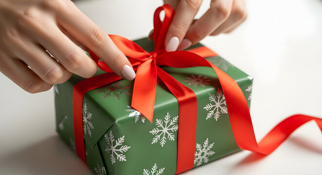 Close-up of hands tying a red ribbon around a holiday gift box, minimal clean background.