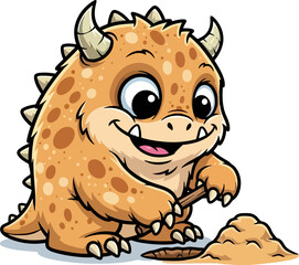 tiny happy monster uncovers treasures, exploring new adventures with cute curiosity