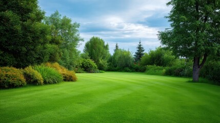 Naklejka premium Lush Green Landscape with Vibrant Foliage Under a Cloudy Sky Perfect for Nature Lovers and Outdoor Enthusiasts in a Peaceful Setting