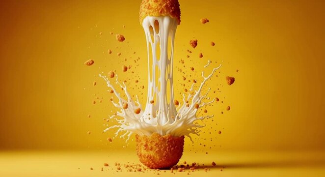 Satisfying cheese pull explosion with crispy fried spheres and creamy liquid splash