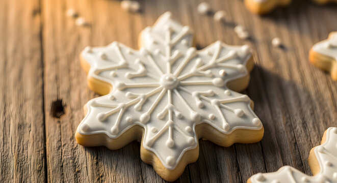 Close-up of snowflake-shaped cookie with icing, placed on a rustic wooden table — holiday baking theme. - Powered by Adobe