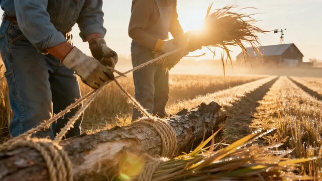 Medium shot of agricultural workers bundling switchgrass amidst golden sunlight during the energy crop harvesting season.