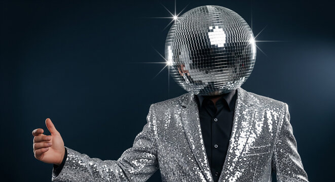Silver disco ball instead of businessman’s head in silver jacket on dark navy background — luxury party and fun concept