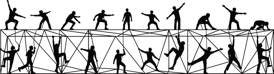 Black silhouette vector of active people climbing and balancing on a geometric truss structure, depicting obstacle course and teamwork.