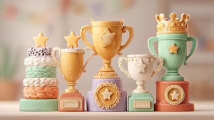 A Collection of Colorful Trophy Cups Displaying Achievement and Success in a Row