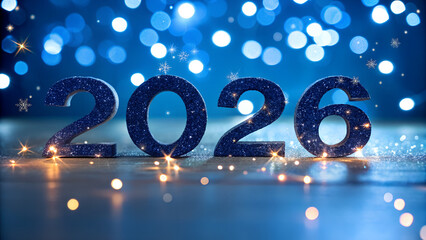 2026 glittering numbers on blue background with sparkling lights  