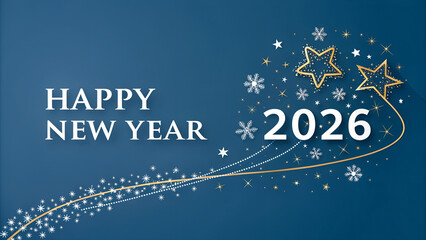 Happy New Year 2026 greeting card with stars and snowflakes design  
