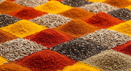 Fototapeta premium Assorted Spice Powder Mounds Create Vibrant Colorful Culinary Pattern Background
