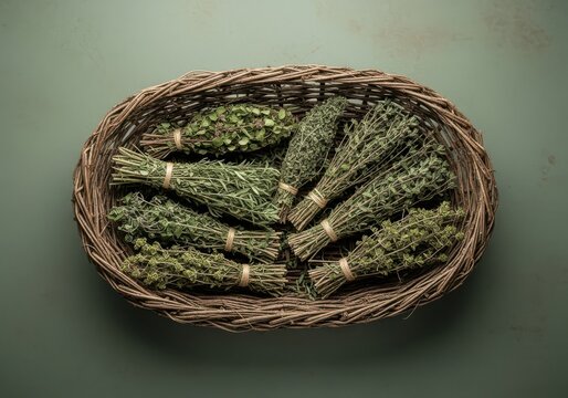 A beautifully arranged basket of fresh herbs on a rustic textured background