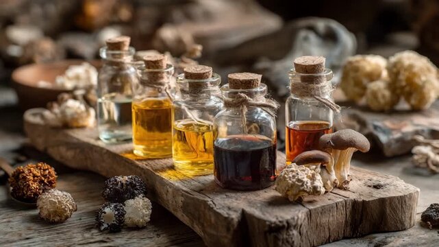 A rustic wooden table displays an assortment of mushroom extracts in various glass containers capturing the diversity of natural remedies derived from fungi.
