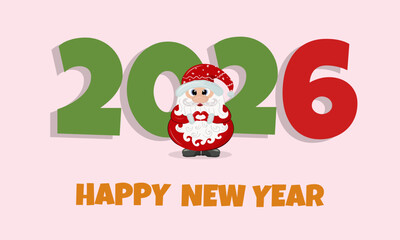  New Year illustration with bold 2026 numbers and a cute cartoon Santa character. Bright, playful holiday design perfect for greeting cards, banners, posters, invitations and seasonal decoration.