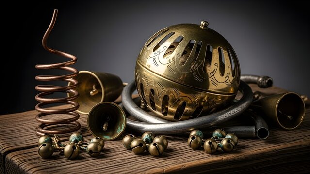 Vintage Artistic Sound Objects-brass resonator sphere, spiral coil chime, weathered wooden soundboard, tiny bell clusters, aged metal tubes.