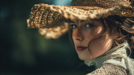 Ethereal beauty portrait of a young woman wearing a straw hat outdoors
