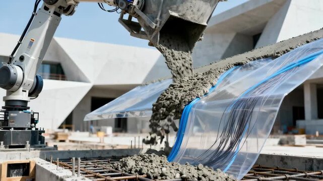 Medium shot of innovative hybrid concrete pouring process highlighting seamless integration of strength and flexibility for versatile architectural designs.