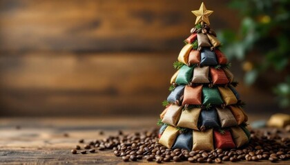 Festive coffee bean christmas tree with colorful wrapped gifts and golden star