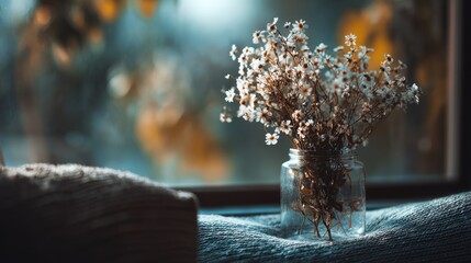 Delicate dried flower arrangement in mason jar against blurred window backdrop