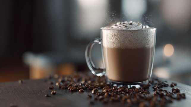 Aromatic coffee indulgence in a glass cup with frothy topping and beans - Powered by Adobe