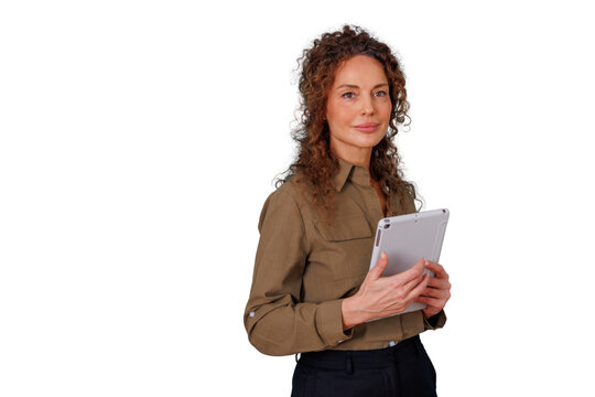Confident businesswoman smiling, holding digital tablet for technology, remote work, communication, on transparent background