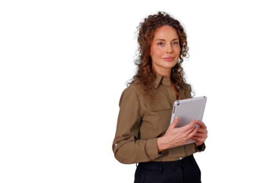 Confident businesswoman smiling, holding digital tablet for technology, remote work, communication, on transparent background