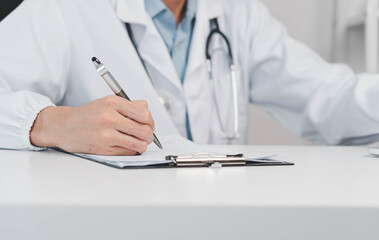 Doctor reviewing patient health information with virtual quality certificate and checklist, illustrating medical analysis, digital healthcare, and quality management in modern medical services.